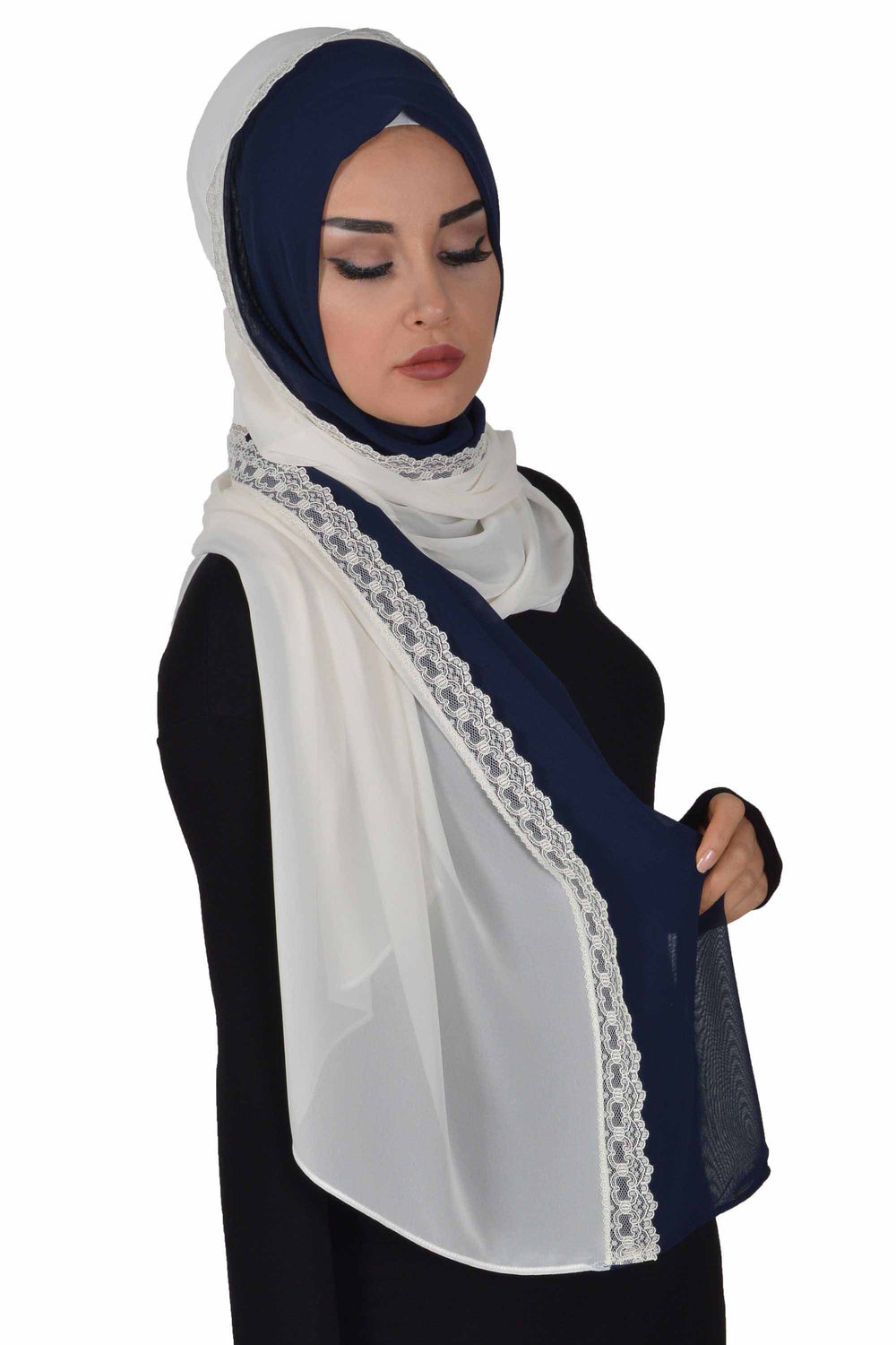 Shawl for Women Chiffon Modesty Instant Turban Cap Hat Head Wrap Ready to Wear Scarf High Quality Chiffon Hijab,PS-23 Navy Blue - Ivory