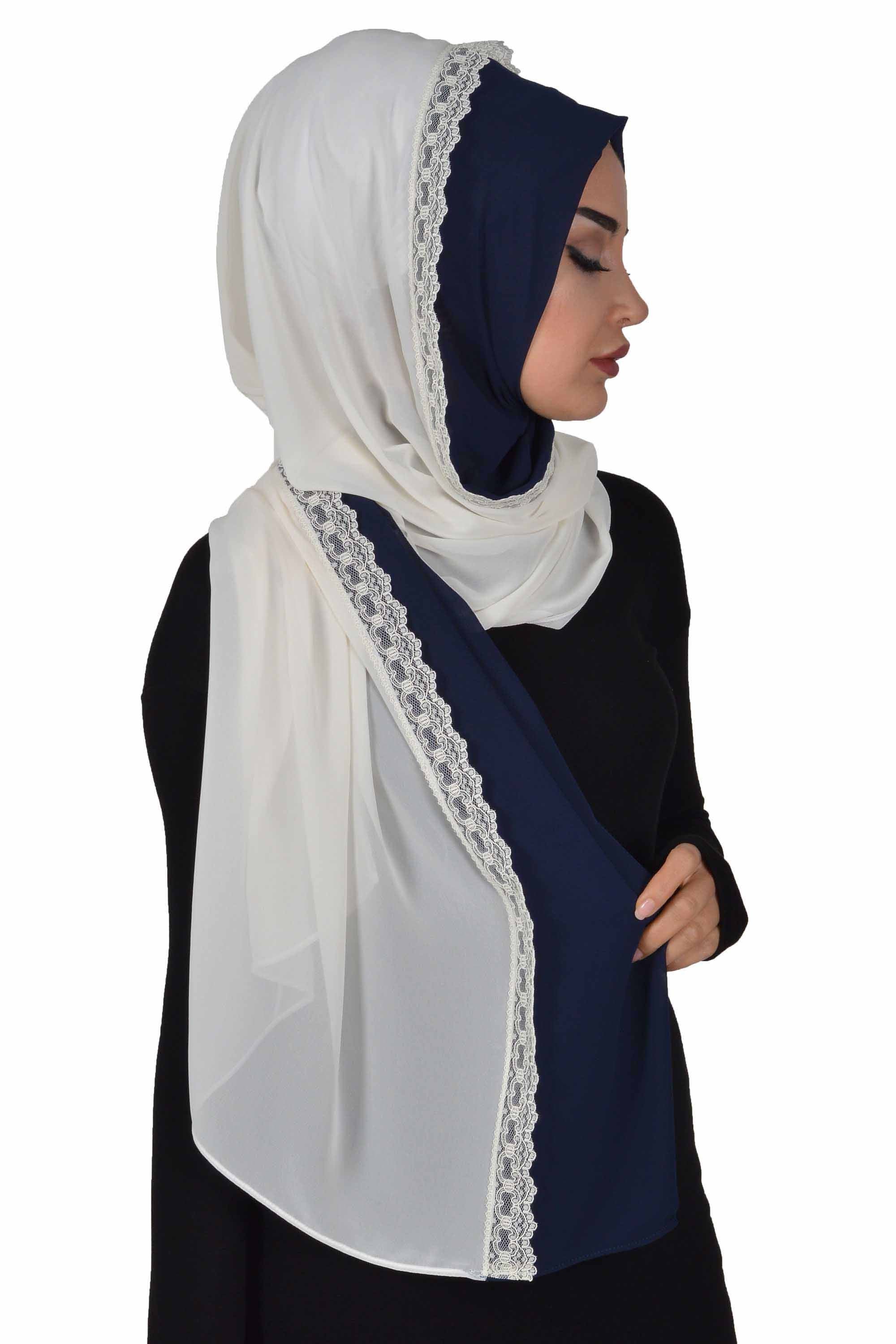 Shawl for Women Chiffon Modesty Instant Turban Cap Hat Head Wrap Ready to Wear Scarf High Quality Chiffon Hijab,PS-23 Navy Blue - Ivory