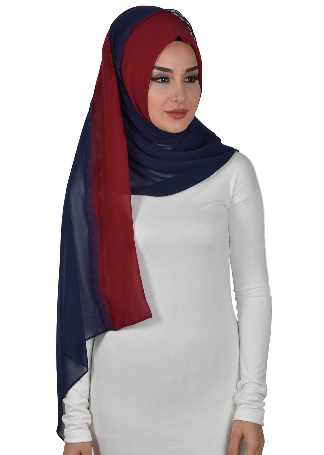 Shawl for Women Chiffon Modesty Instant Turban Cap Hat Head Wrap Ready to Wear Scarf High Quality Chiffon Hijab,PS-23 Maroon - Navy Blue