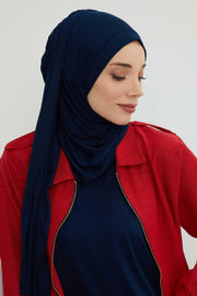 Shawl for Women Cotton Modesty Instant Turban Cap Hat Head Wrap Ready to Wear Side Pleated Scarf,PS-17 Navy Blue