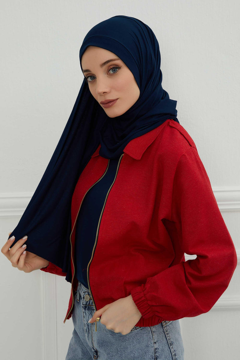 Shawl for Women Cotton Modesty Instant Turban Cap Hat Head Wrap Ready to Wear Side Pleated Scarf,PS-17 Navy Blue