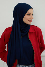 Shawl for Women Cotton Modesty Instant Turban Cap Hat Head Wrap Ready to Wear Side Pleated Scarf,PS-17 Navy Blue