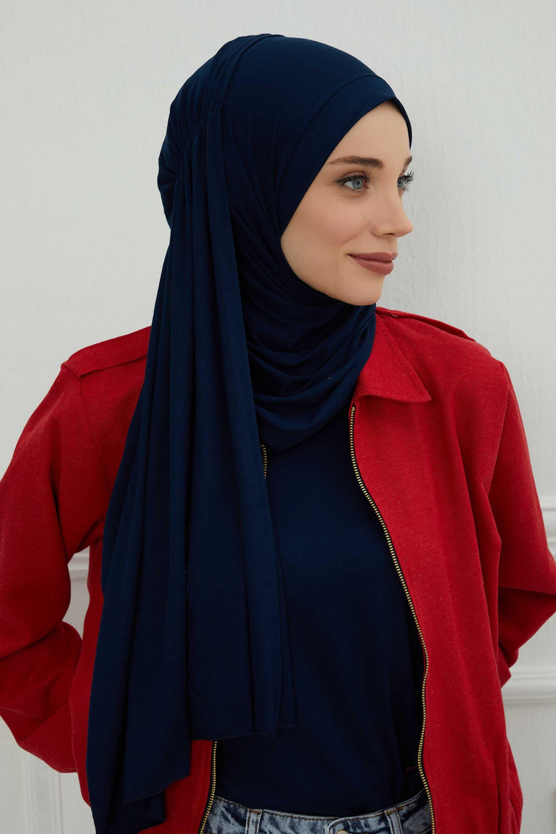 Shawl for Women Cotton Modesty Instant Turban Cap Hat Head Wrap Ready to Wear Side Pleated Scarf,PS-17 Navy Blue