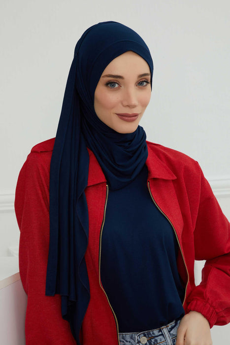 Shawl for Women Cotton Modesty Instant Turban Cap Hat Head Wrap Ready to Wear Side Pleated Scarf,PS-17 Navy Blue