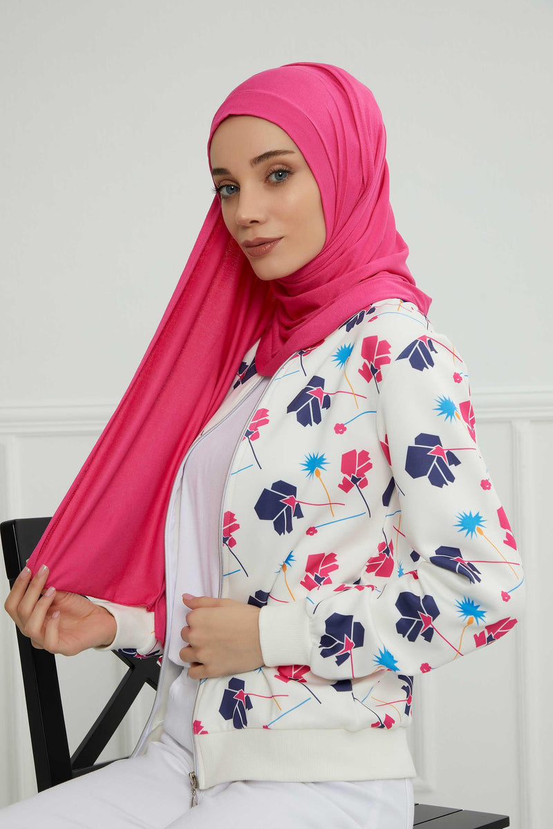 Shawl for Women Cotton Modesty Instant Turban Cap Hat Head Wrap Ready to Wear Side Pleated Scarf,PS-17 Fuchsia