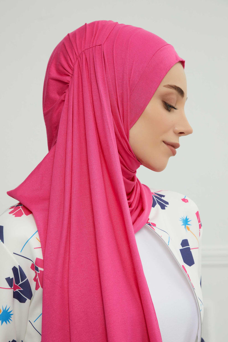 Shawl for Women Cotton Modesty Instant Turban Cap Hat Head Wrap Ready to Wear Side Pleated Scarf,PS-17 Fuchsia