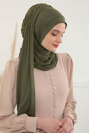 Shawl for Women Cotton Modesty Instant Turban Cap Hat Head Wrap Ready to Wear Side Pleated Scarf,PS-17 Army Green