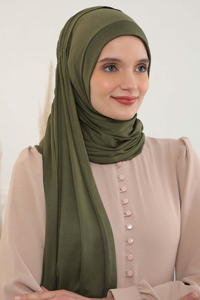 Shawl for Women Cotton Modesty Instant Turban Cap Hat Head Wrap Ready to Wear Side Pleated Scarf,PS-17 Army Green