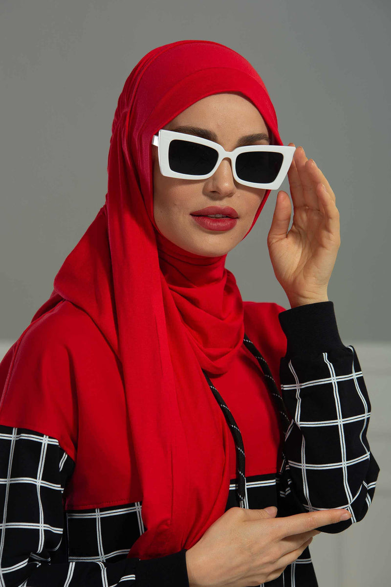 Shawl for Women Cotton Modesty Instant Turban Cap Hat Head Wrap Ready to Wear Side Pleated Scarf,PS-17 Red