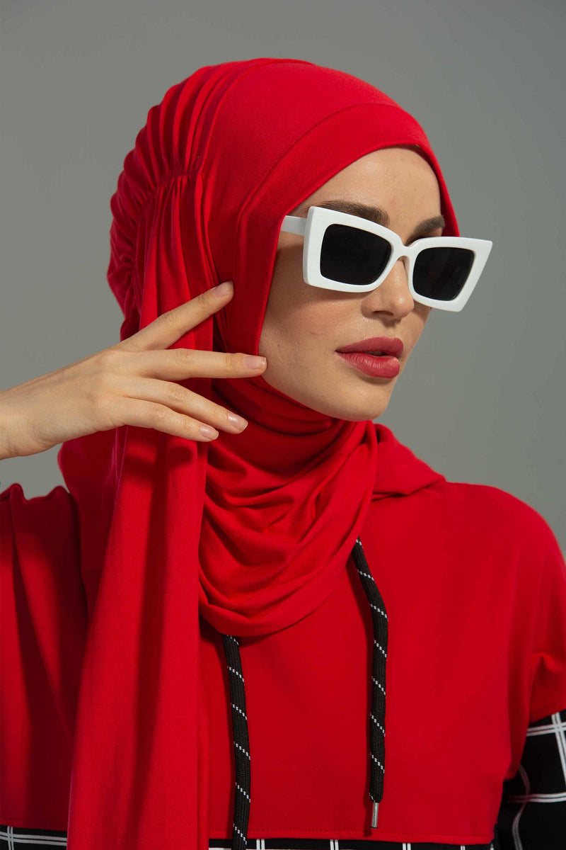 Shawl for Women Cotton Modesty Instant Turban Cap Hat Head Wrap Ready to Wear Side Pleated Scarf,PS-17 Red