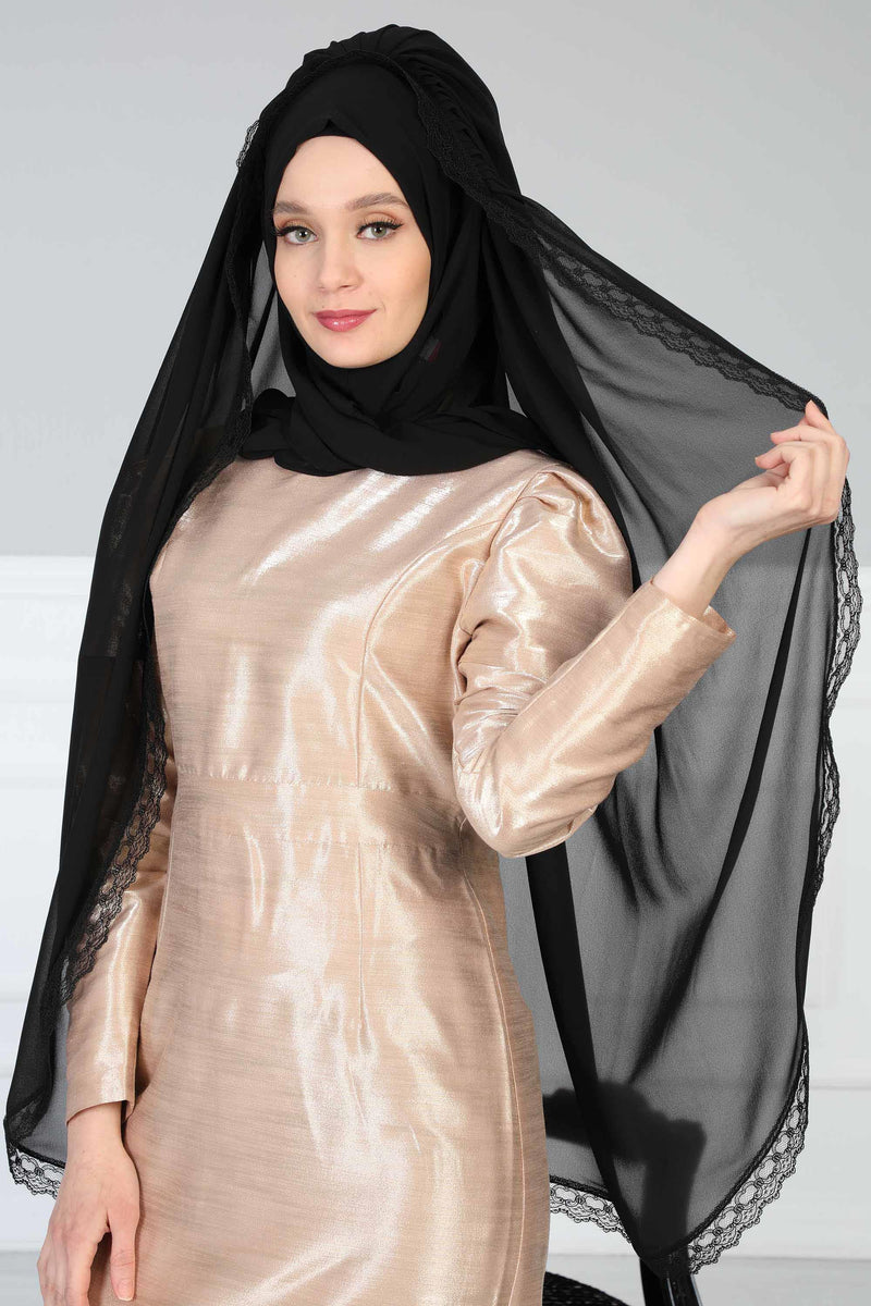 Shawl with Handmade Unique Lace Detail for Women Modesty Instant Chiffon Turban Cap Hat Head Wrap Premium Stylish Scarf,PS-20