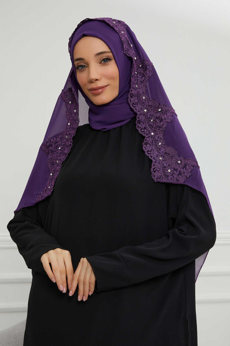 شال شيفون مع إكسسوارات يدوية فريدة من نوعها من الدانتيل والأحجار للنساء، قبعة عمامة فورية متواضعة، غطاء رأس طويل أنيق، PS-24