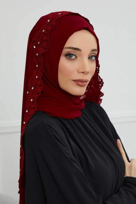 شال شيفون مع إكسسوارات يدوية فريدة من نوعها من الدانتيل والأحجار للنساء، قبعة عمامة فورية متواضعة، غطاء رأس طويل أنيق، PS-24