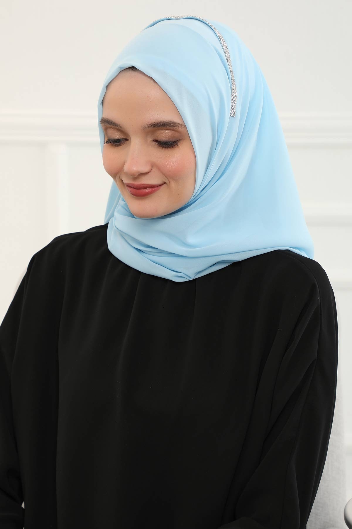 Shawl with Handmade Unique Stone Accessories for Women Chiffon Modesty Instant Turban Cap Hat Head Wrap Stylish Scarf High Quality Elegant Hijab,PS-22 Baby Blue