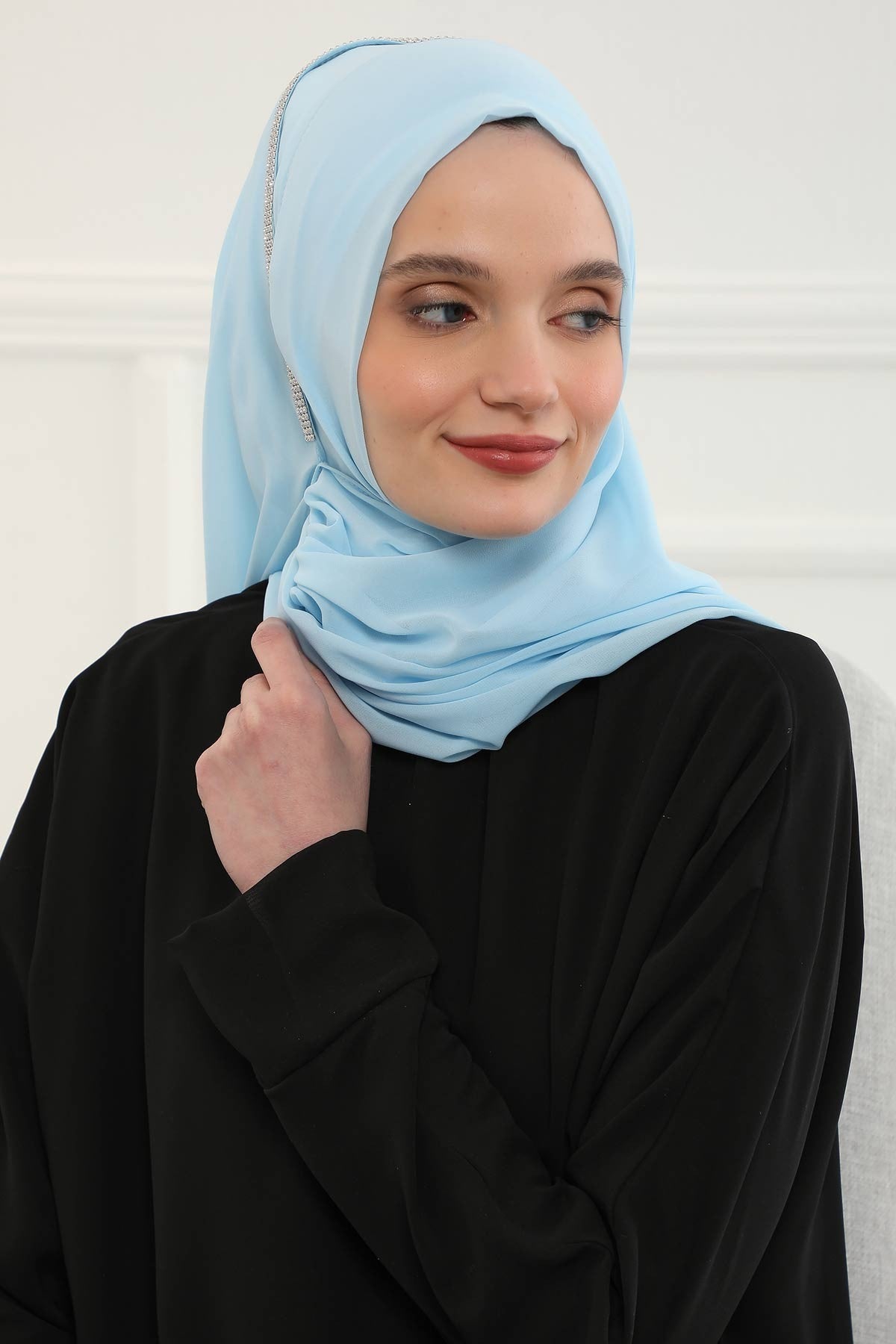 Shawl with Handmade Unique Stone Accessories for Women Chiffon Modesty Instant Turban Cap Hat Head Wrap Stylish Scarf High Quality Elegant Hijab,PS-22 Baby Blue