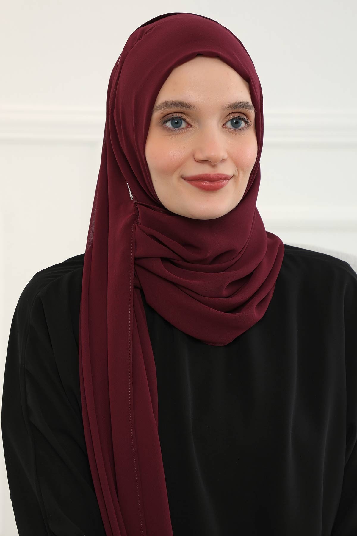 Shawl with Handmade Unique Stone Accessories for Women Chiffon Modesty Instant Turban Cap Hat Head Wrap Stylish Scarf High Quality Elegant Hijab,PS-22 Maroon