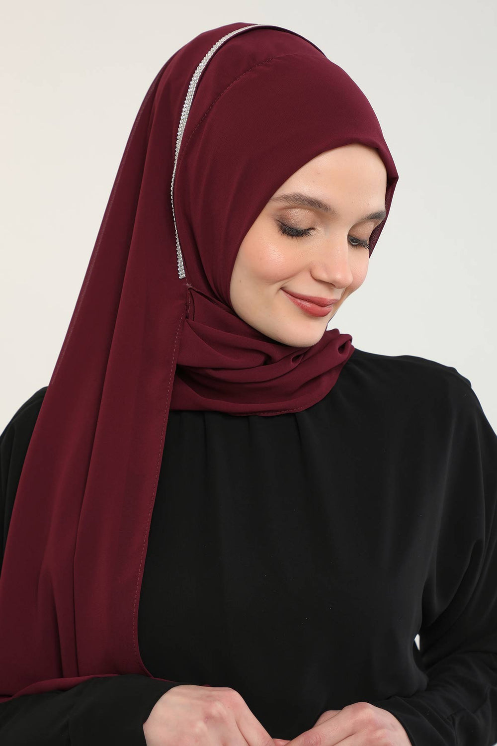 Shawl with Handmade Unique Stone Accessories for Women Chiffon Modesty Instant Turban Cap Hat Head Wrap Stylish Scarf High Quality Elegant Hijab,PS-22 Maroon