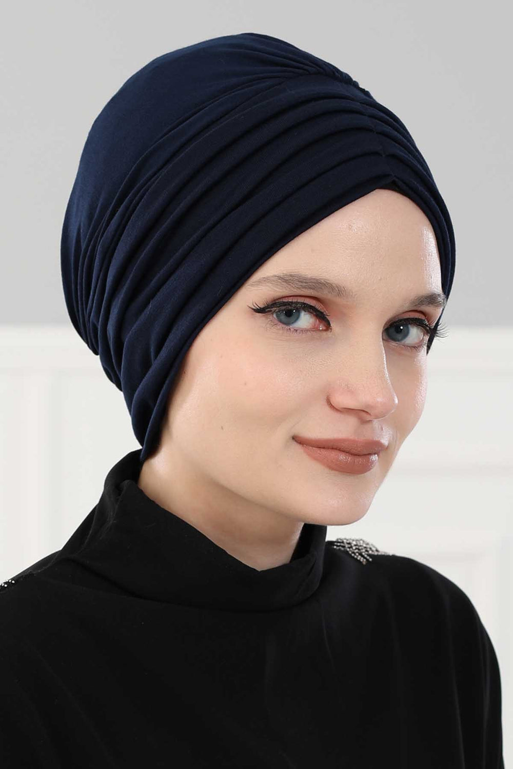 Shirred Elegance Head Turban For Women Fashion Instant Turban Shirred Head Scarf, Plain & Comfortable Stylish Bonnet Cap for Women,B-13 Navy Blue