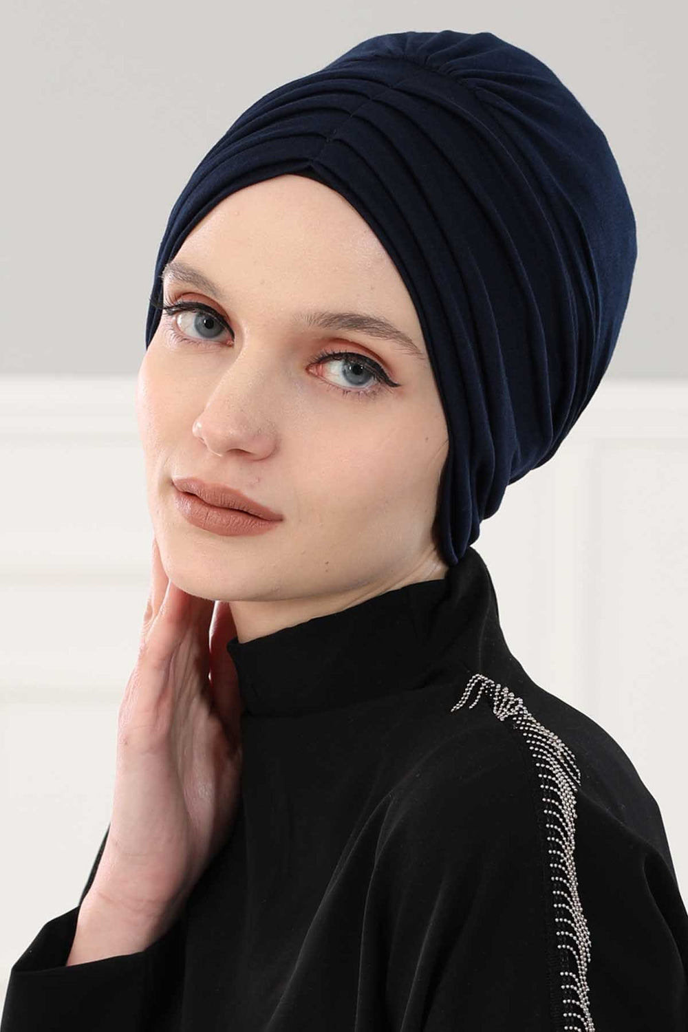Shirred Elegance Head Turban For Women Fashion Instant Turban Shirred Head Scarf, Plain & Comfortable Stylish Bonnet Cap for Women,B-13 Navy Blue