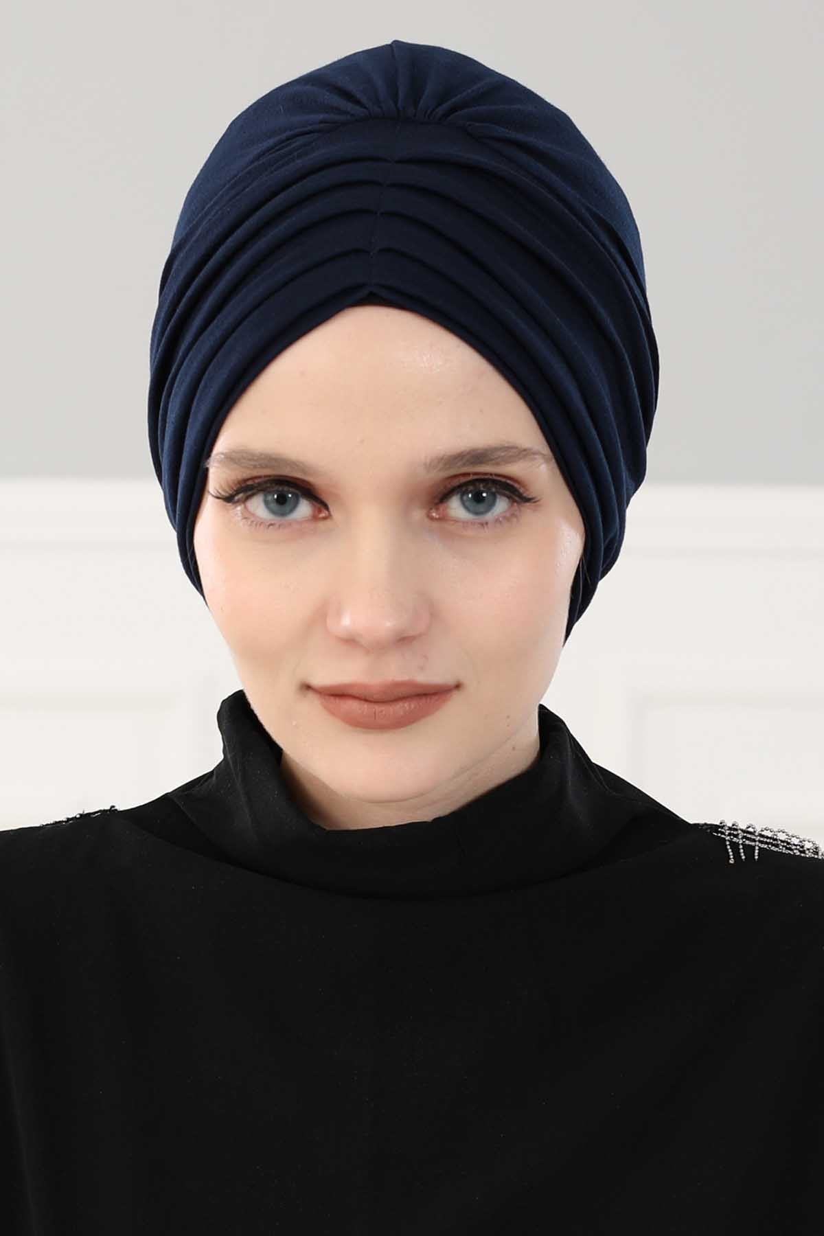 Shirred Elegance Head Turban For Women Fashion Instant Turban Shirred Head Scarf, Plain & Comfortable Stylish Bonnet Cap for Women,B-13 Navy Blue