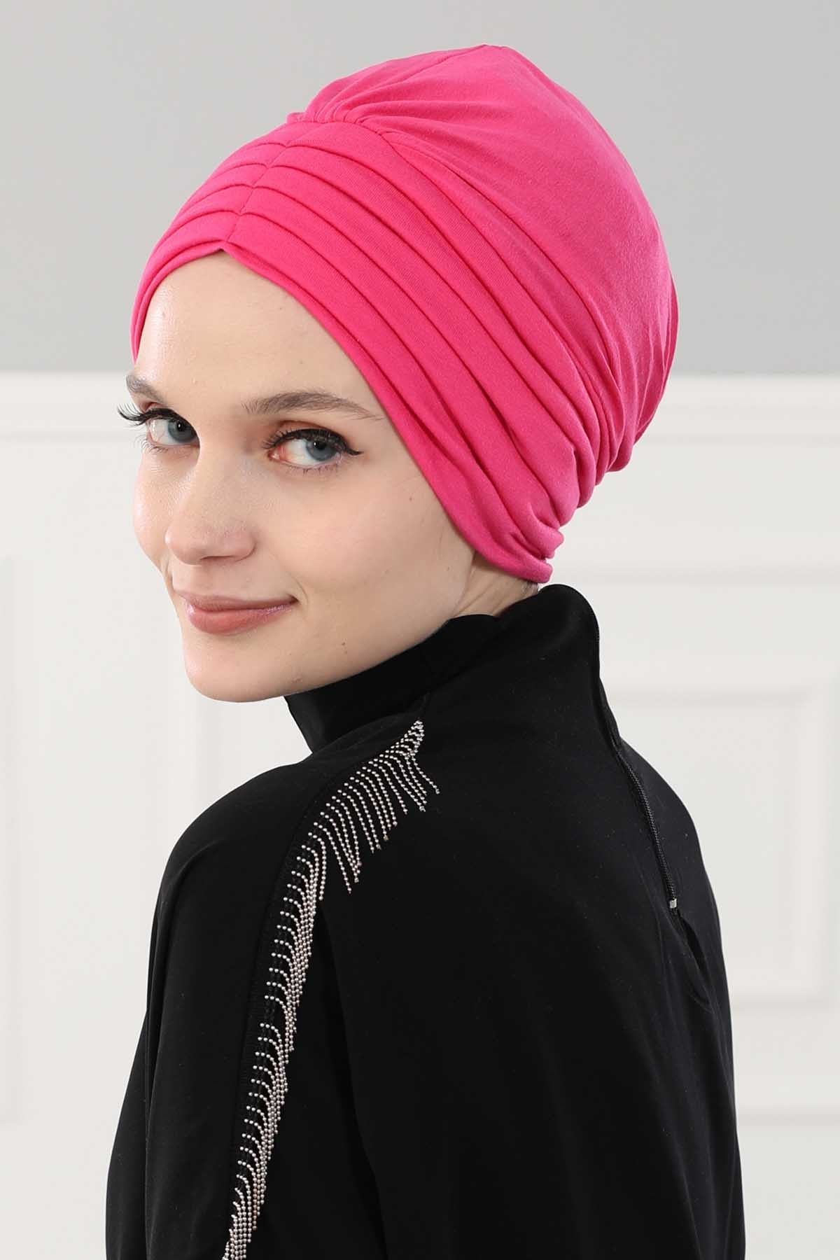 Shirred Elegance Head Turban For Women Fashion Instant Turban Shirred Head Scarf, Plain & Comfortable Stylish Bonnet Cap for Women,B-13 Fuchsia