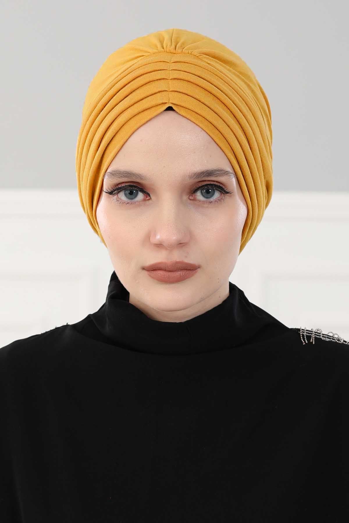 Shirred Elegance Head Turban For Women Fashion Instant Turban Shirred Head Scarf, Plain & Comfortable Stylish Bonnet Cap for Women,B-13 Mustard Yellow