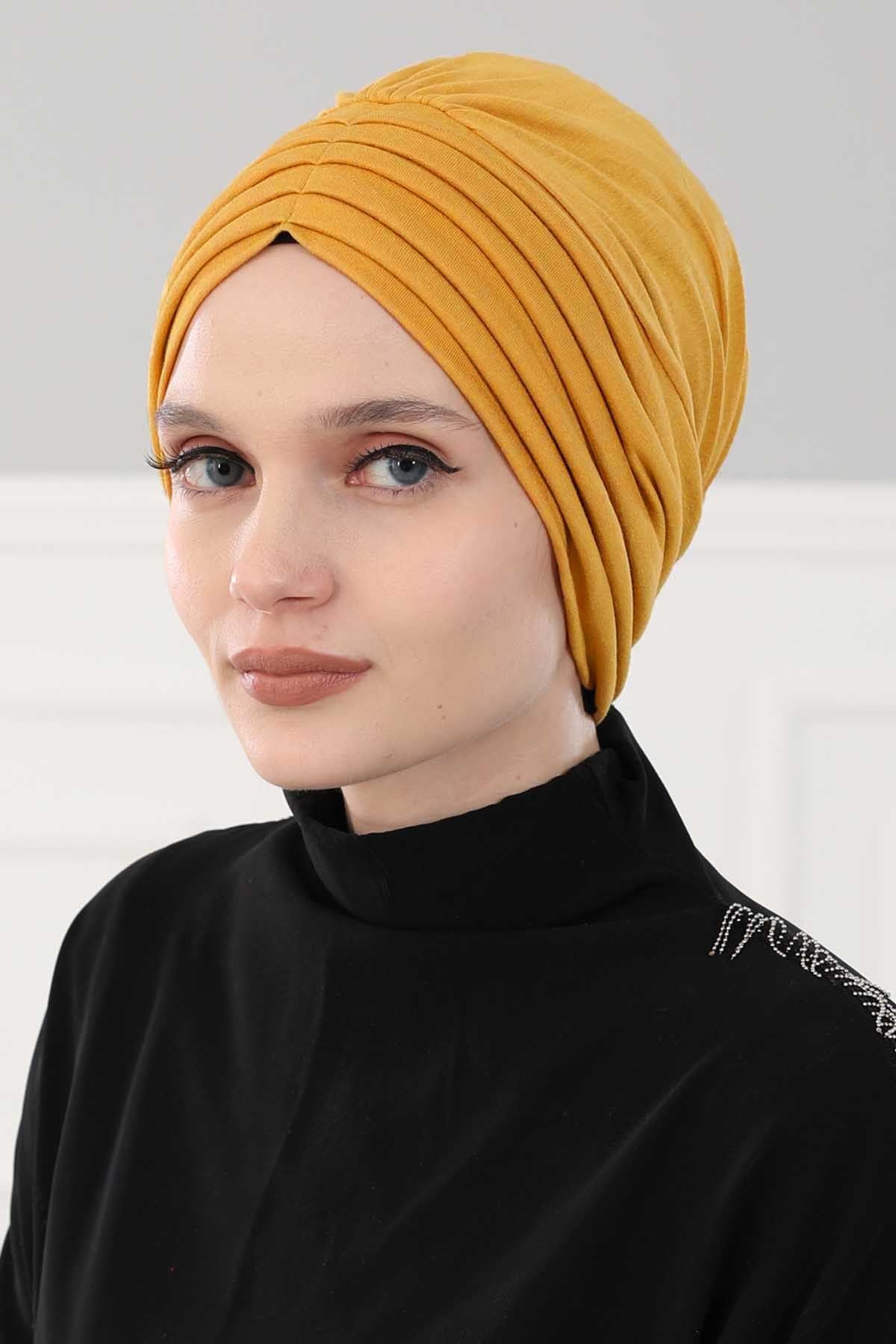 Shirred Elegance Head Turban For Women Fashion Instant Turban Shirred Head Scarf, Plain & Comfortable Stylish Bonnet Cap for Women,B-13 Mustard Yellow