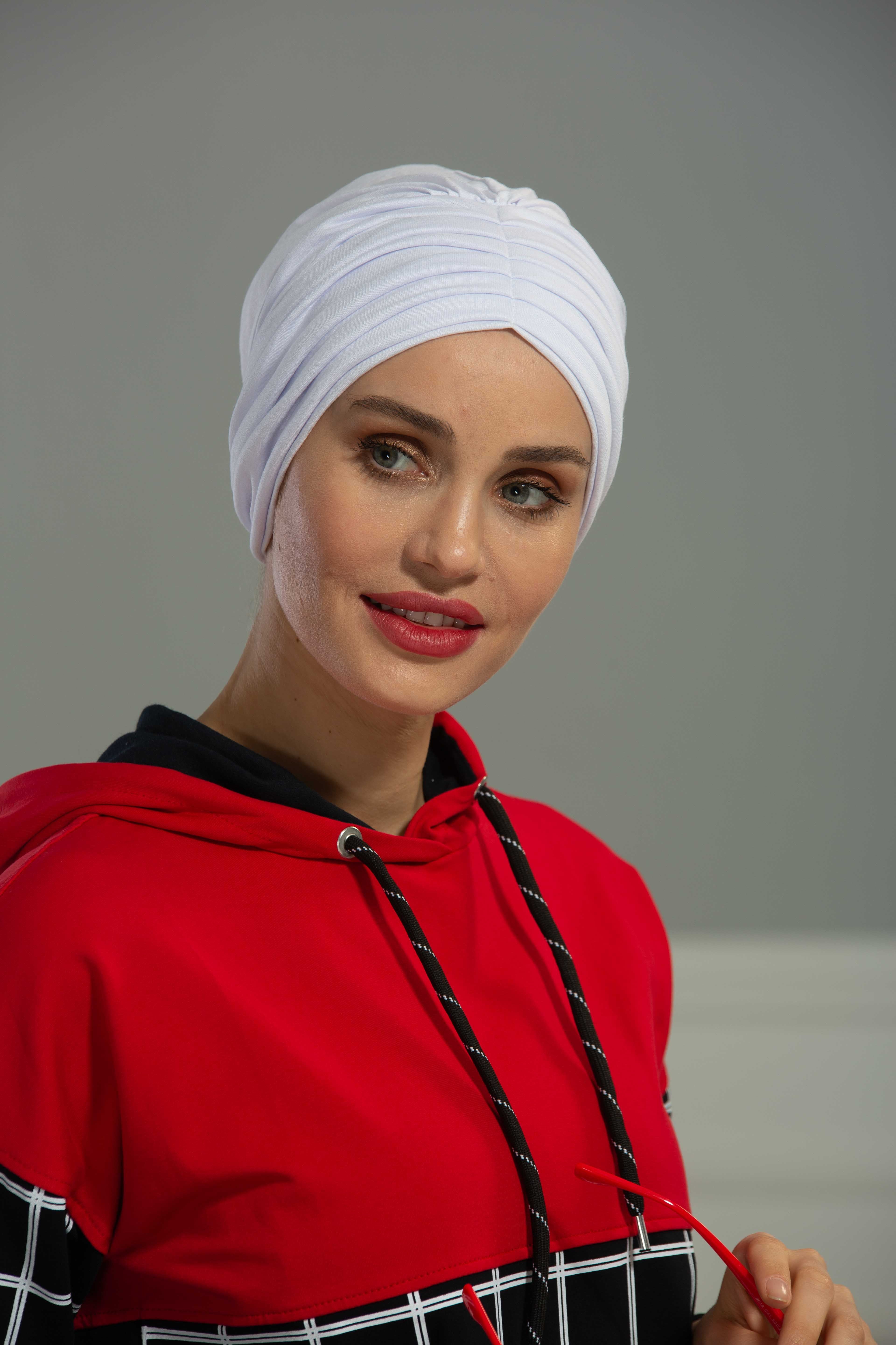 Shirred Elegance Head Turban For Women Fashion Instant Turban Shirred Head Scarf, Plain & Comfortable Stylish Bonnet Cap for Women,B-13 White