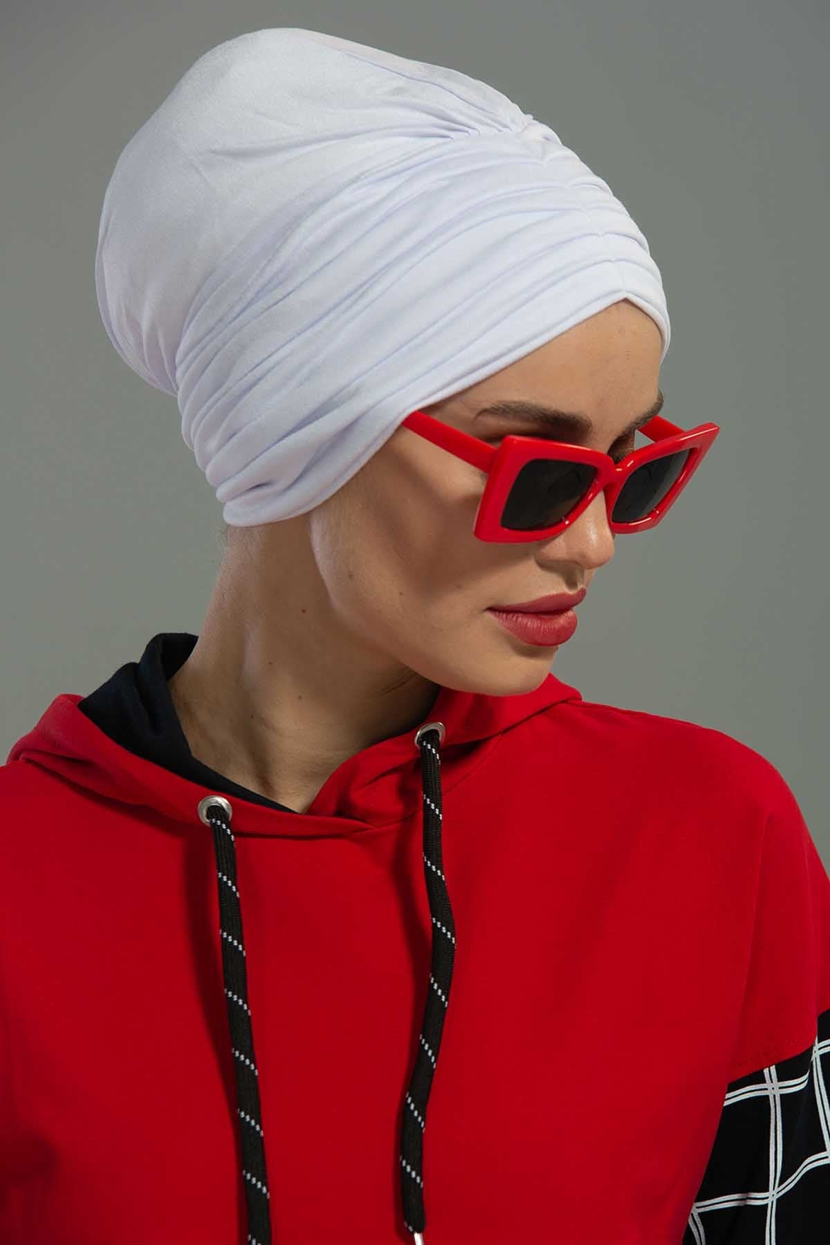 Shirred Elegance Head Turban For Women Fashion Instant Turban Shirred Head Scarf, Plain & Comfortable Stylish Bonnet Cap for Women,B-13 White