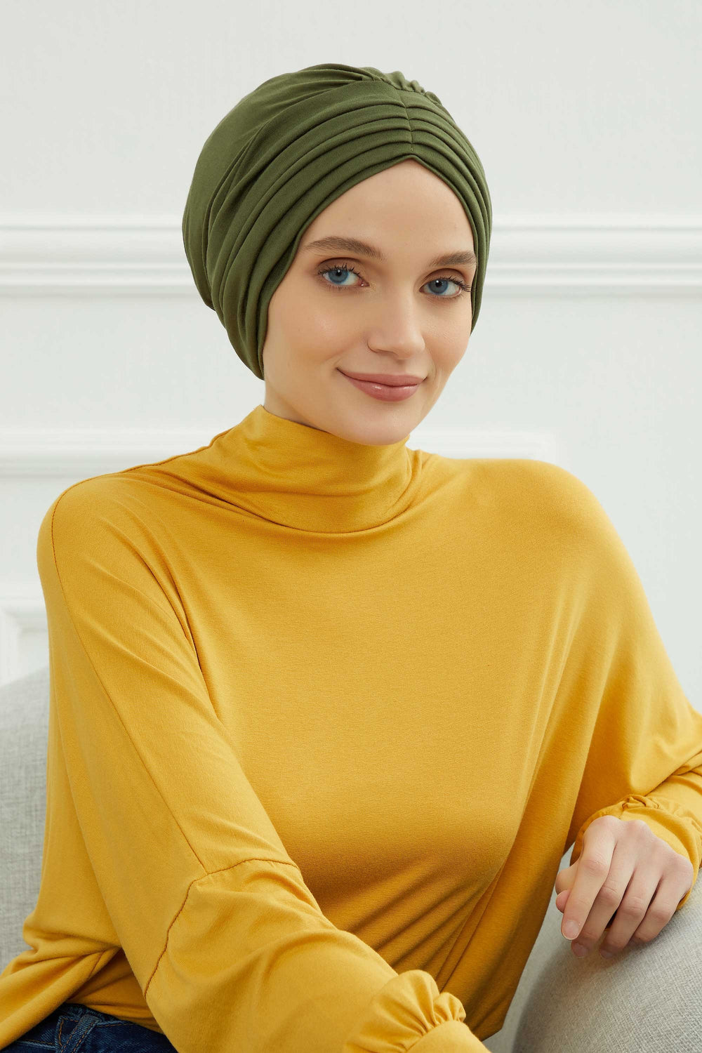 Shirred Elegance Head Turban For Women Fashion Instant Turban Shirred Head Scarf, Plain & Comfortable Stylish Bonnet Cap for Women,B-13 Army Green