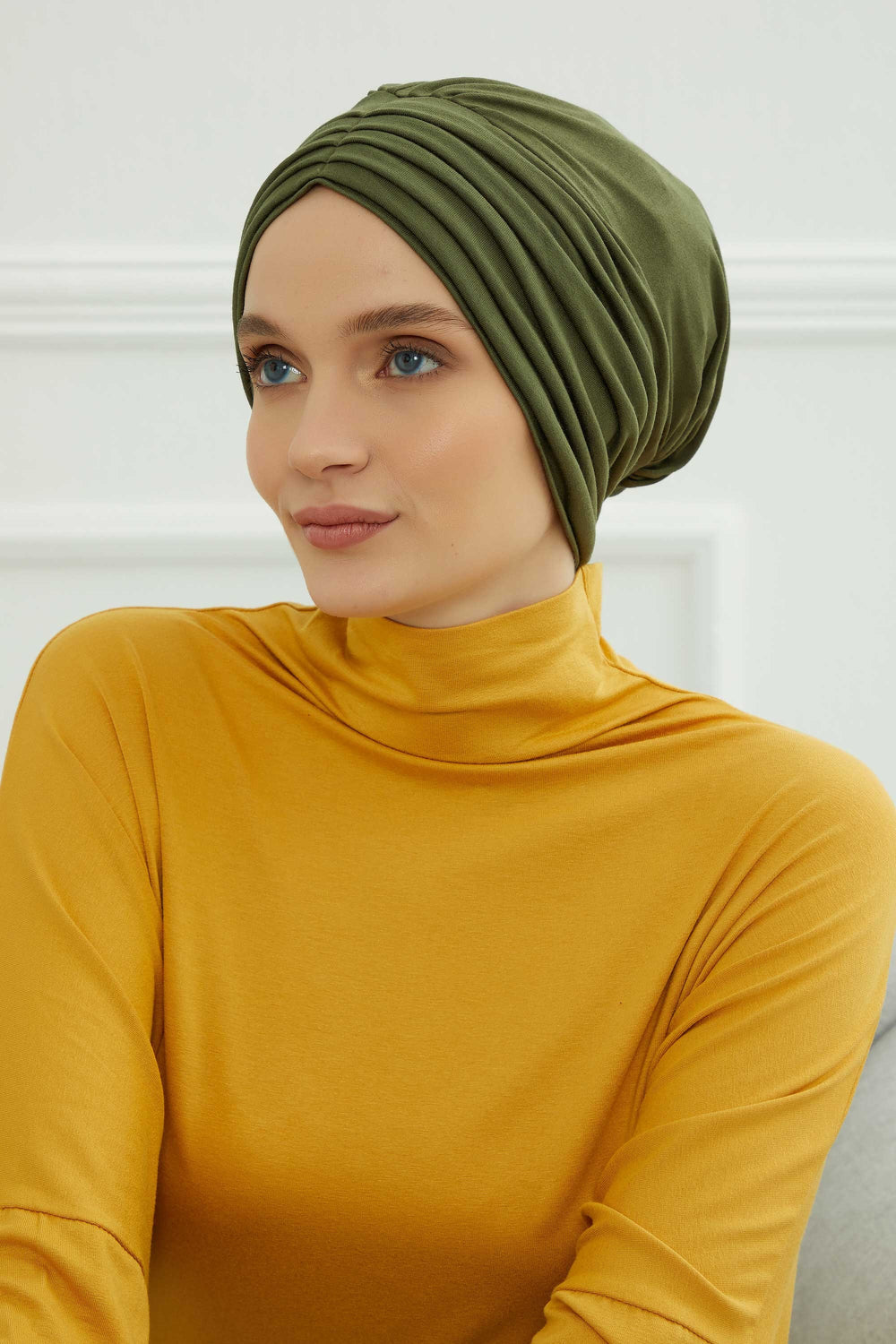 Shirred Elegance Head Turban For Women Fashion Instant Turban Shirred Head Scarf, Plain & Comfortable Stylish Bonnet Cap for Women,B-13 Army Green