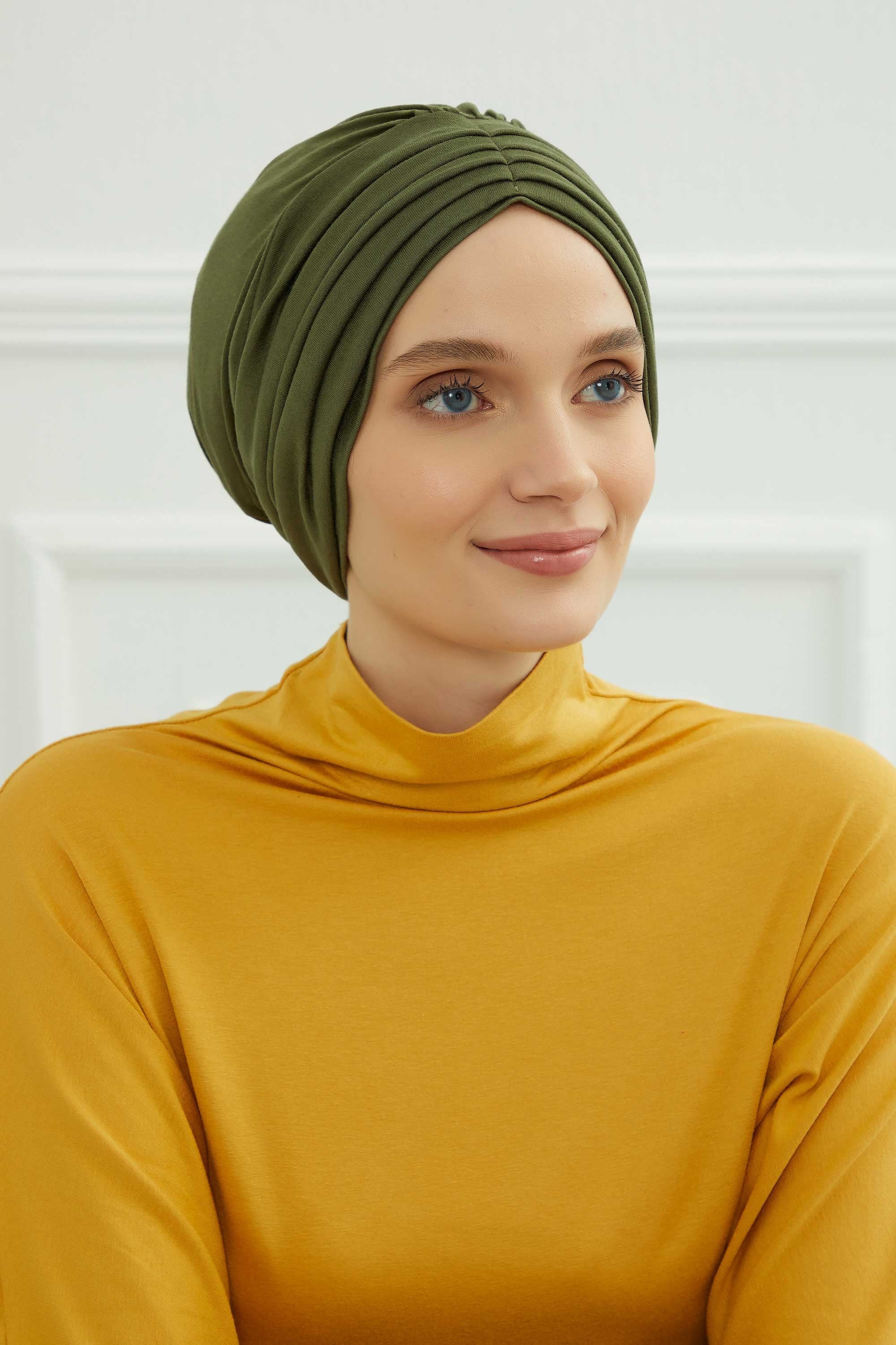 Shirred Elegance Head Turban For Women Fashion Instant Turban Shirred Head Scarf, Plain & Comfortable Stylish Bonnet Cap for Women,B-13 Army Green