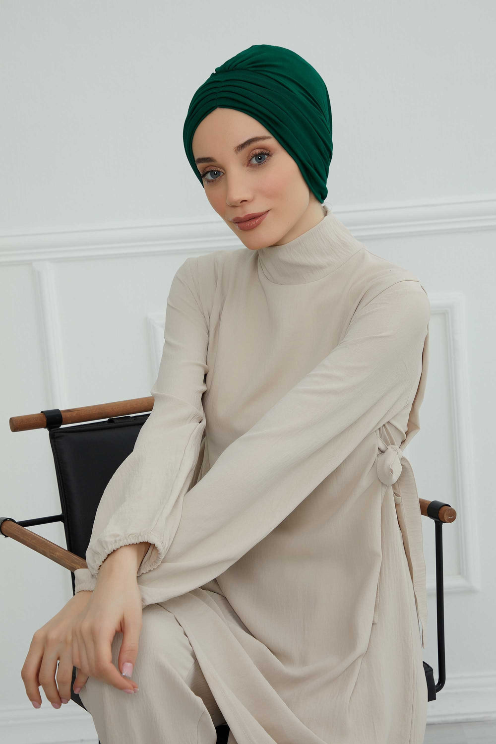 Shirred Elegance Head Turban For Women Fashion Instant Turban Shirred Head Scarf, Plain & Comfortable Stylish Bonnet Cap for Women,B-13 Green