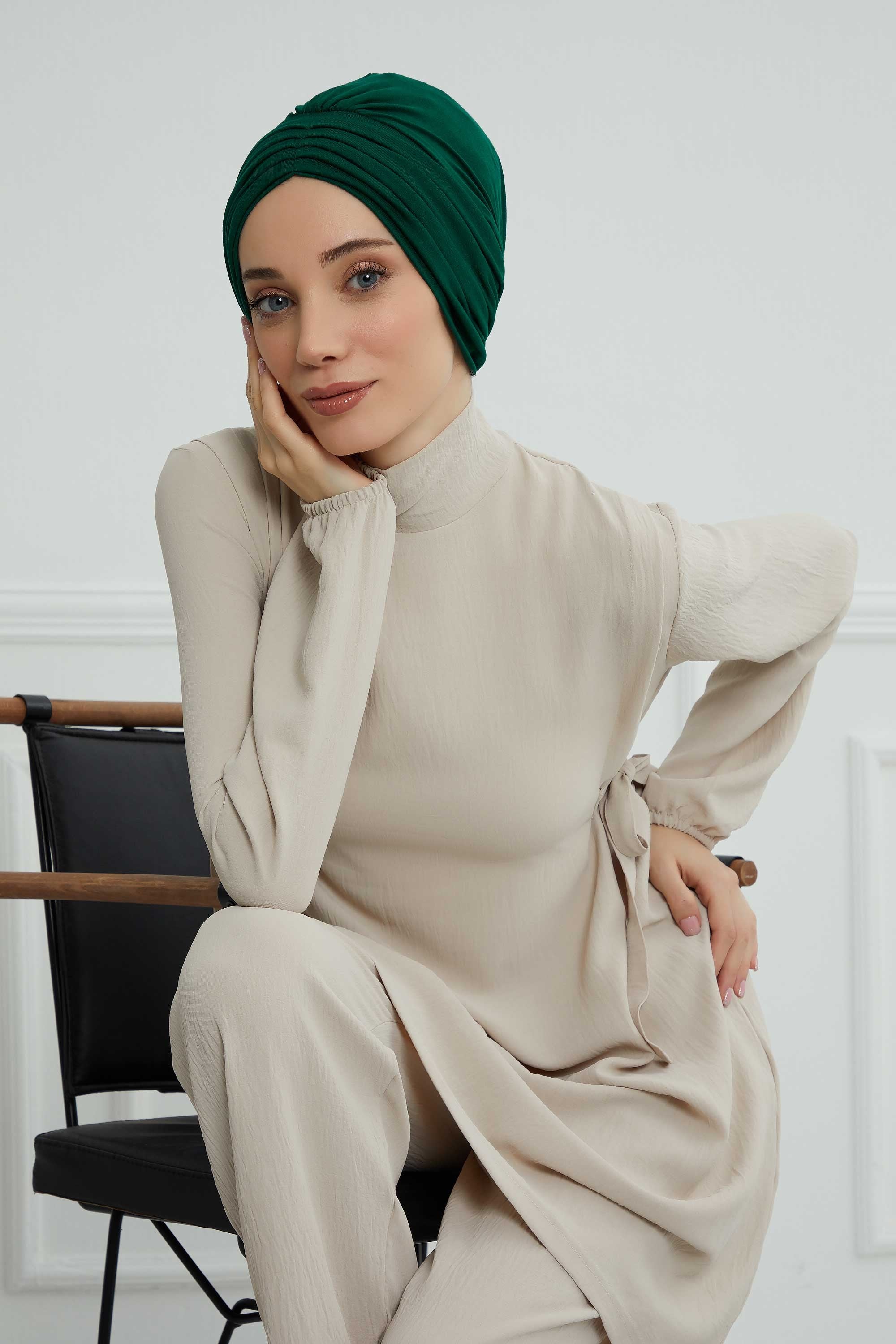 Shirred Elegance Head Turban For Women Fashion Instant Turban Shirred Head Scarf, Plain & Comfortable Stylish Bonnet Cap for Women,B-13 Green