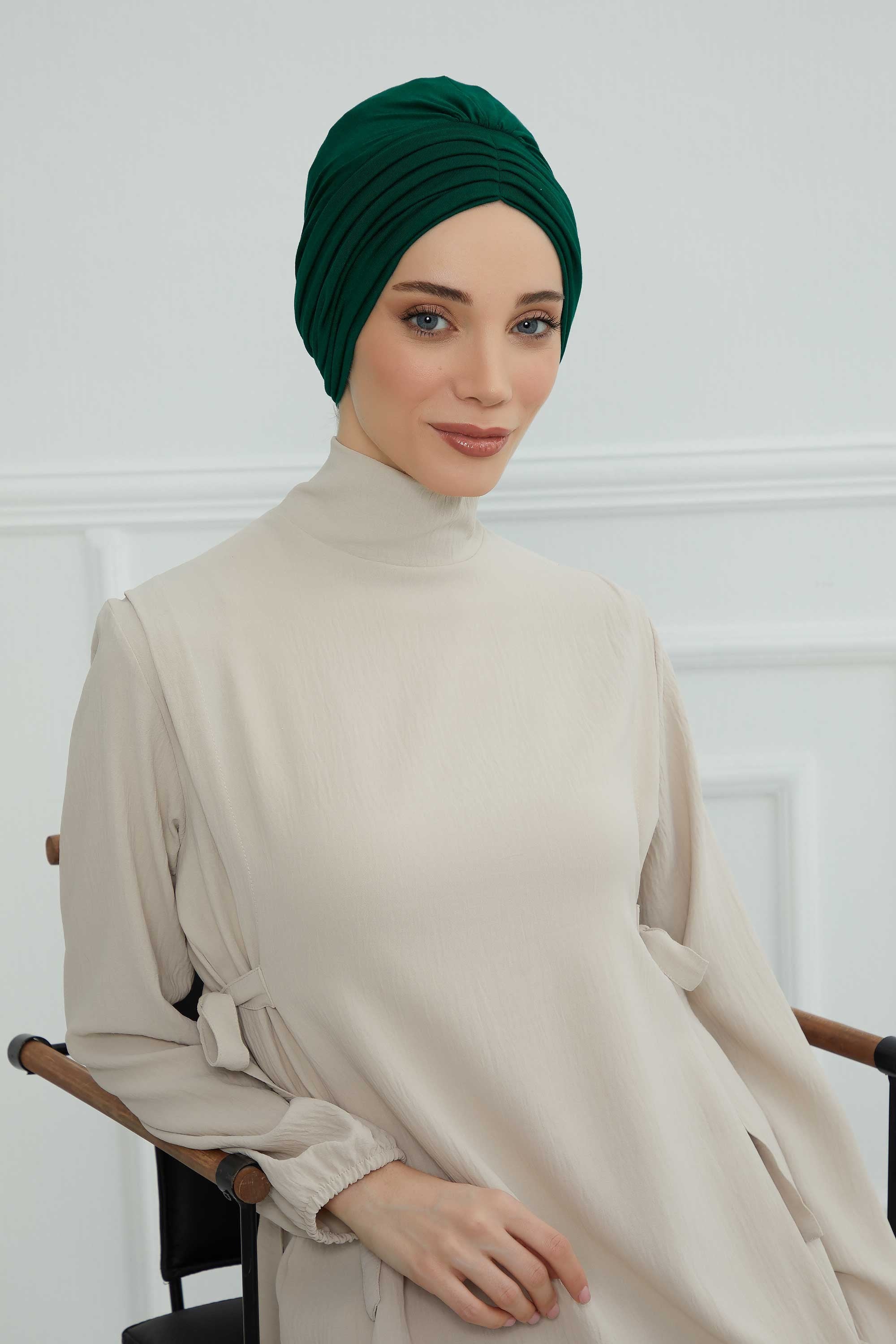 Shirred Elegance Head Turban For Women Fashion Instant Turban Shirred Head Scarf, Plain & Comfortable Stylish Bonnet Cap for Women,B-13 Green