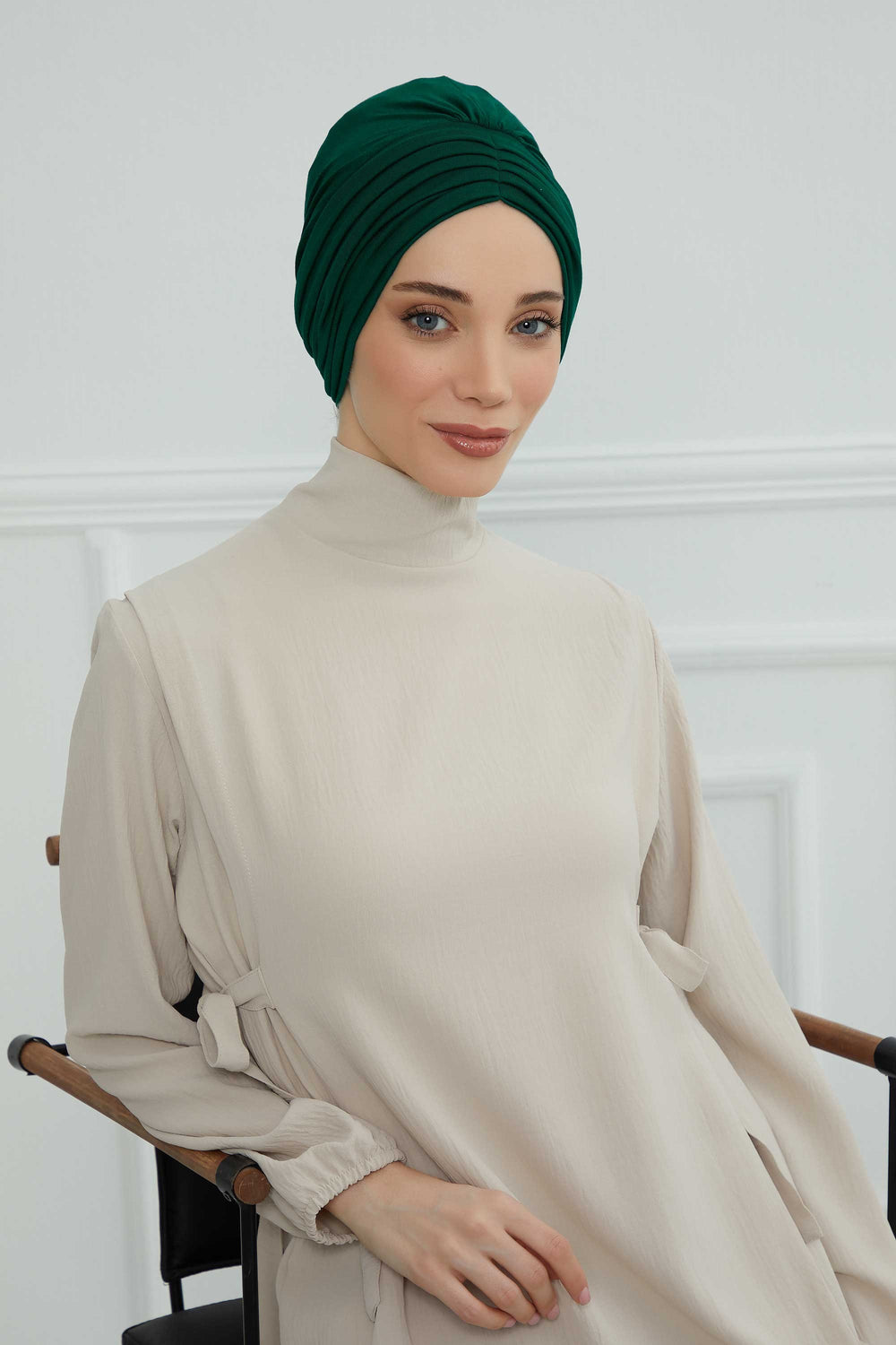 Shirred Elegance Head Turban For Women Fashion Instant Turban Shirred Head Scarf, Plain & Comfortable Stylish Bonnet Cap for Women,B-13 Green