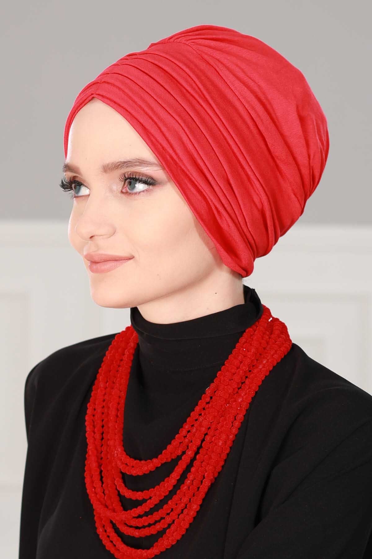 Shirred Elegance Head Turban For Women Fashion Instant Turban Shirred Head Scarf, Plain & Comfortable Stylish Bonnet Cap for Women,B-13 Red