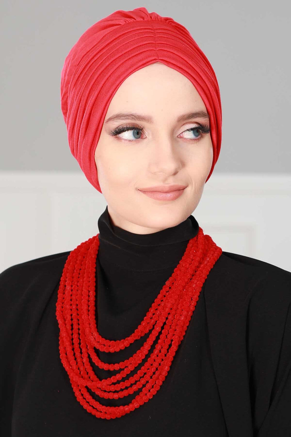 Shirred Elegance Head Turban For Women Fashion Instant Turban Shirred Head Scarf, Plain & Comfortable Stylish Bonnet Cap for Women,B-13 Red
