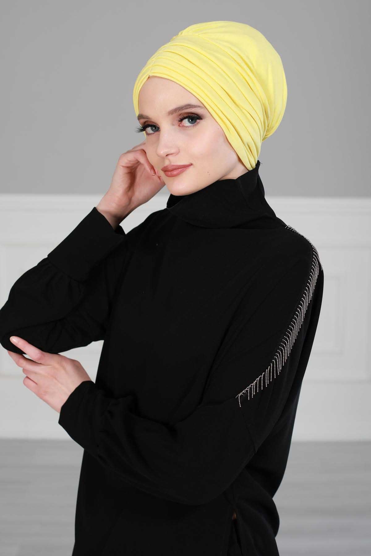 Shirred Elegance Head Turban For Women Fashion Instant Turban Shirred Head Scarf, Plain & Comfortable Stylish Bonnet Cap for Women,B-13 Yellow