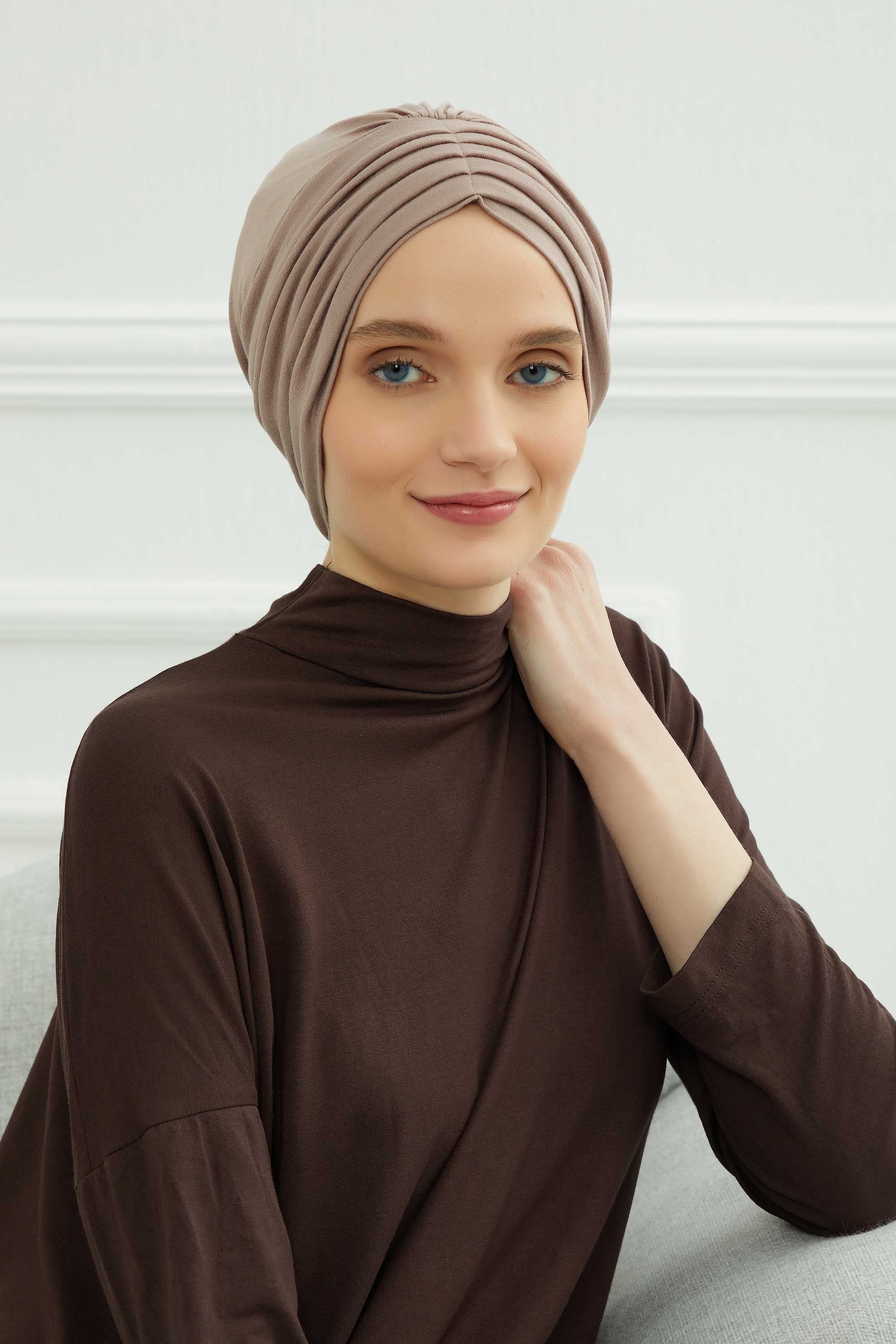 Shirred Elegance Head Turban For Women Fashion Instant Turban Shirred Head Scarf, Plain & Comfortable Stylish Bonnet Cap for Women,B-13 Mink