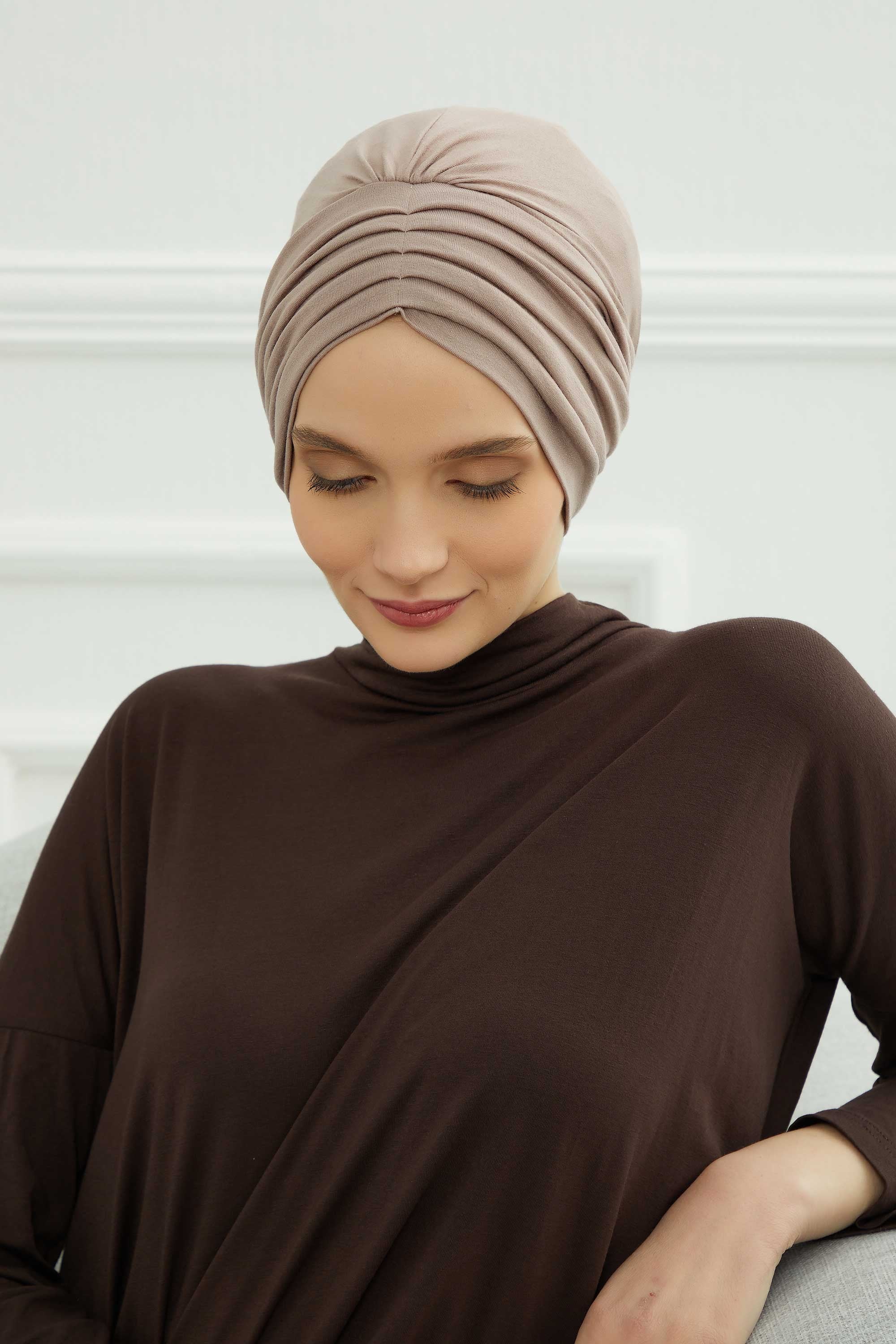 Shirred Elegance Head Turban For Women Fashion Instant Turban Shirred Head Scarf, Plain & Comfortable Stylish Bonnet Cap for Women,B-13 Mink