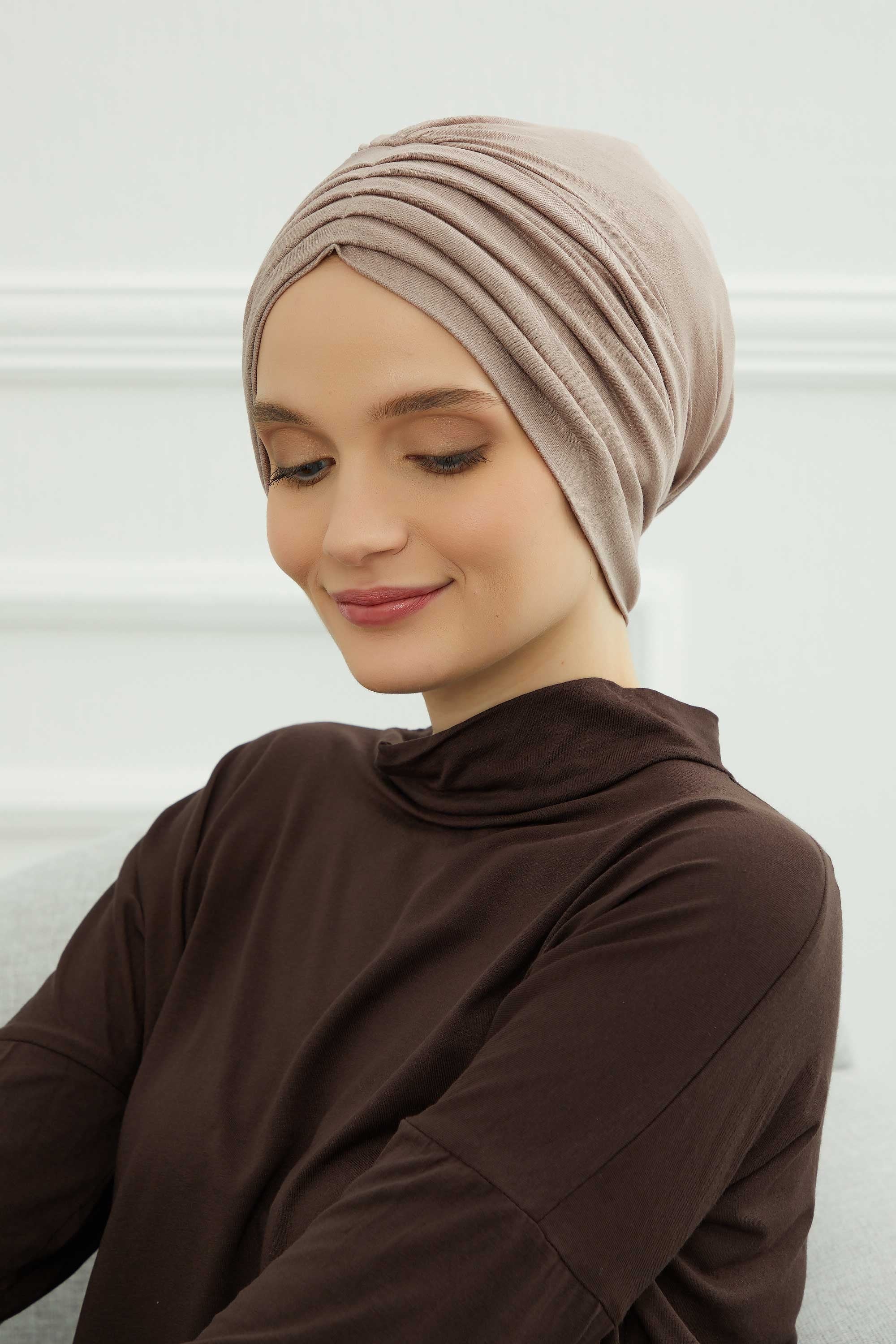Shirred Elegance Head Turban For Women Fashion Instant Turban Shirred Head Scarf, Plain & Comfortable Stylish Bonnet Cap for Women,B-13 Mink