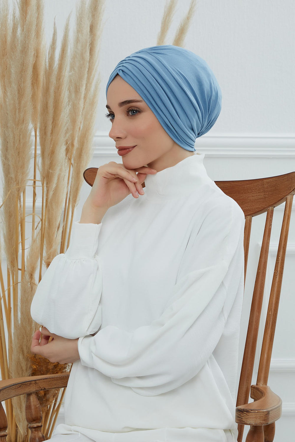 Shirred Elegance Head Turban For Women Fashion Instant Turban Shirred Head Scarf, Plain & Comfortable Stylish Bonnet Cap for Women,B-13 Blue