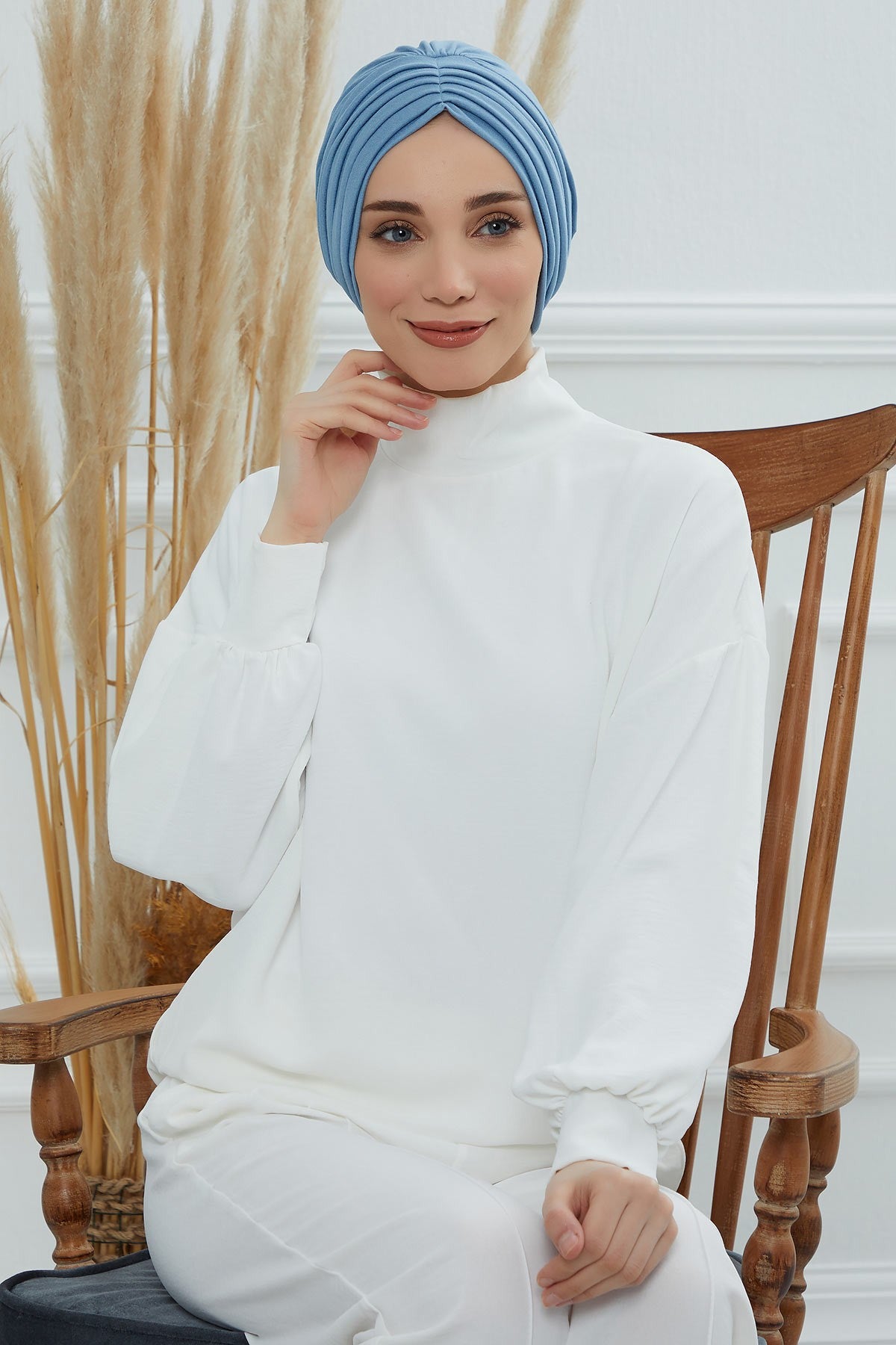Shirred Elegance Head Turban For Women Fashion Instant Turban Shirred Head Scarf, Plain & Comfortable Stylish Bonnet Cap for Women,B-13 Blue
