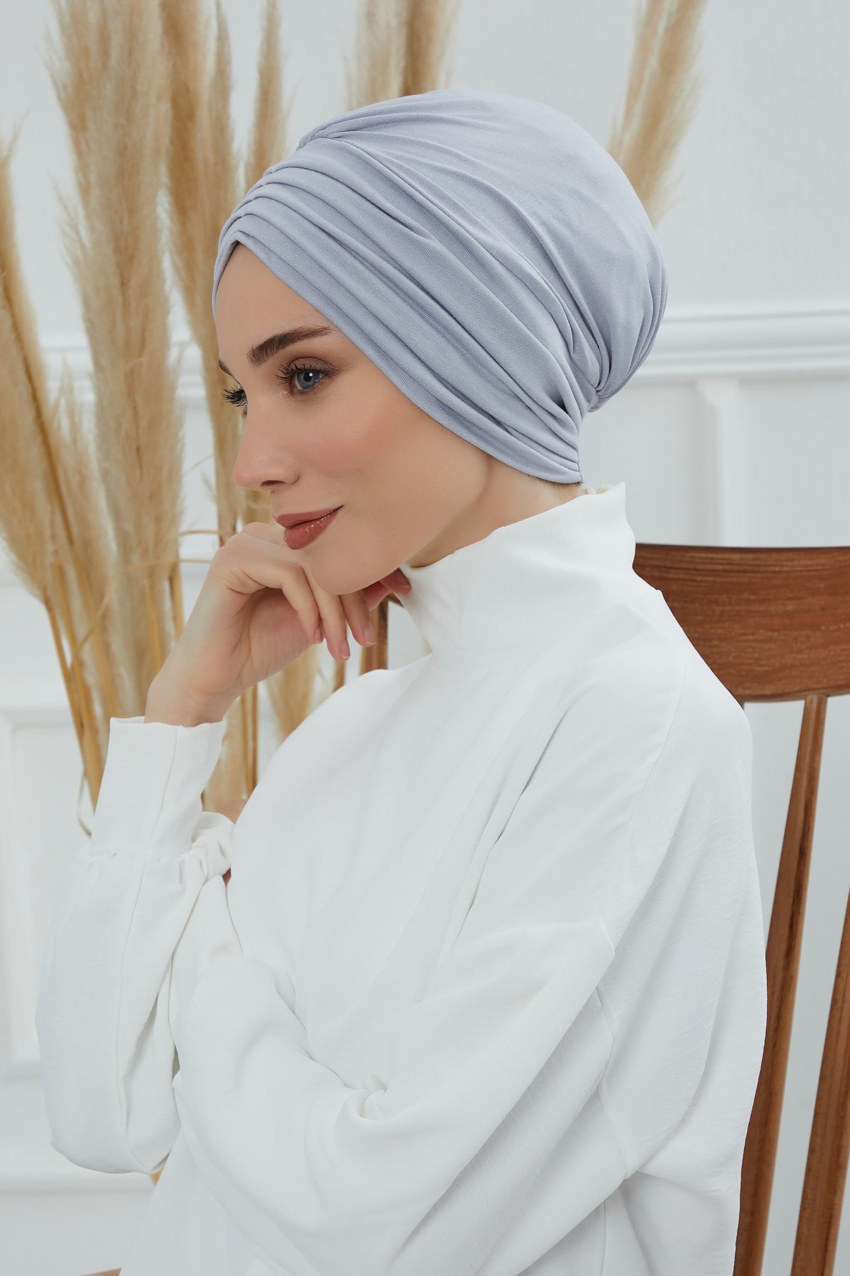 Shirred Elegance Head Turban For Women Fashion Instant Turban Shirred Head Scarf, Plain & Comfortable Stylish Bonnet Cap for Women,B-13 Grey 2