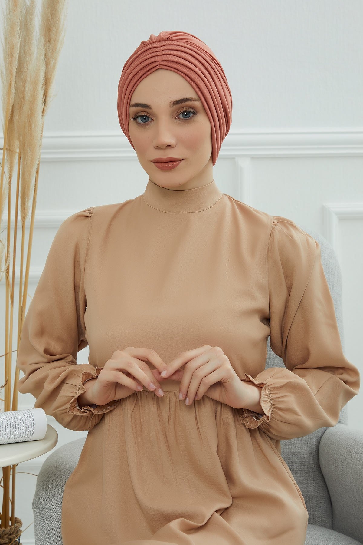 Shirred Elegance Head Turban For Women Fashion Instant Turban Shirred Head Scarf, Plain & Comfortable Stylish Bonnet Cap for Women,B-13 Salmon