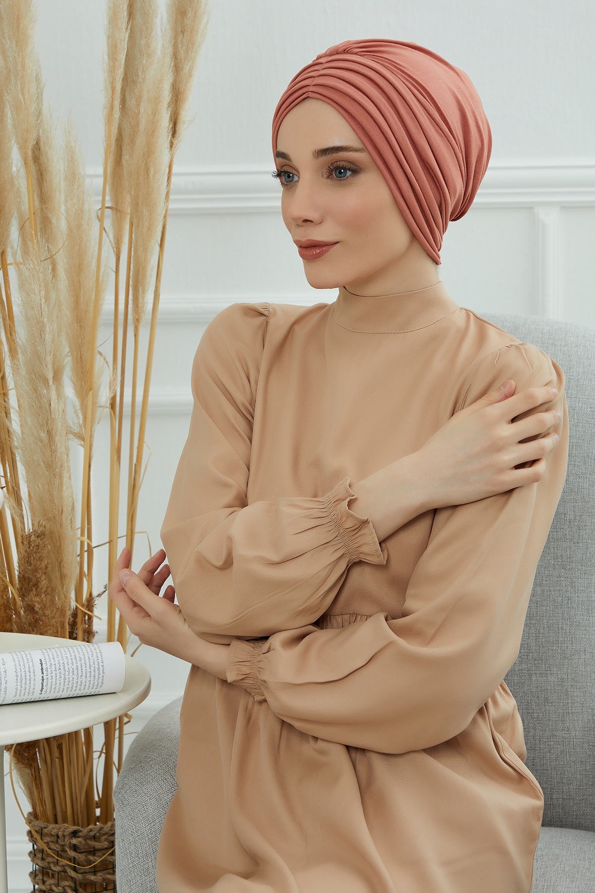 Shirred Elegance Head Turban For Women Fashion Instant Turban Shirred Head Scarf, Plain & Comfortable Stylish Bonnet Cap for Women,B-13 Salmon