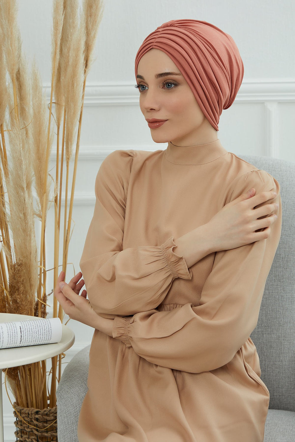 Shirred Elegance Head Turban For Women Fashion Instant Turban Shirred Head Scarf, Plain & Comfortable Stylish Bonnet Cap for Women,B-13 Salmon
