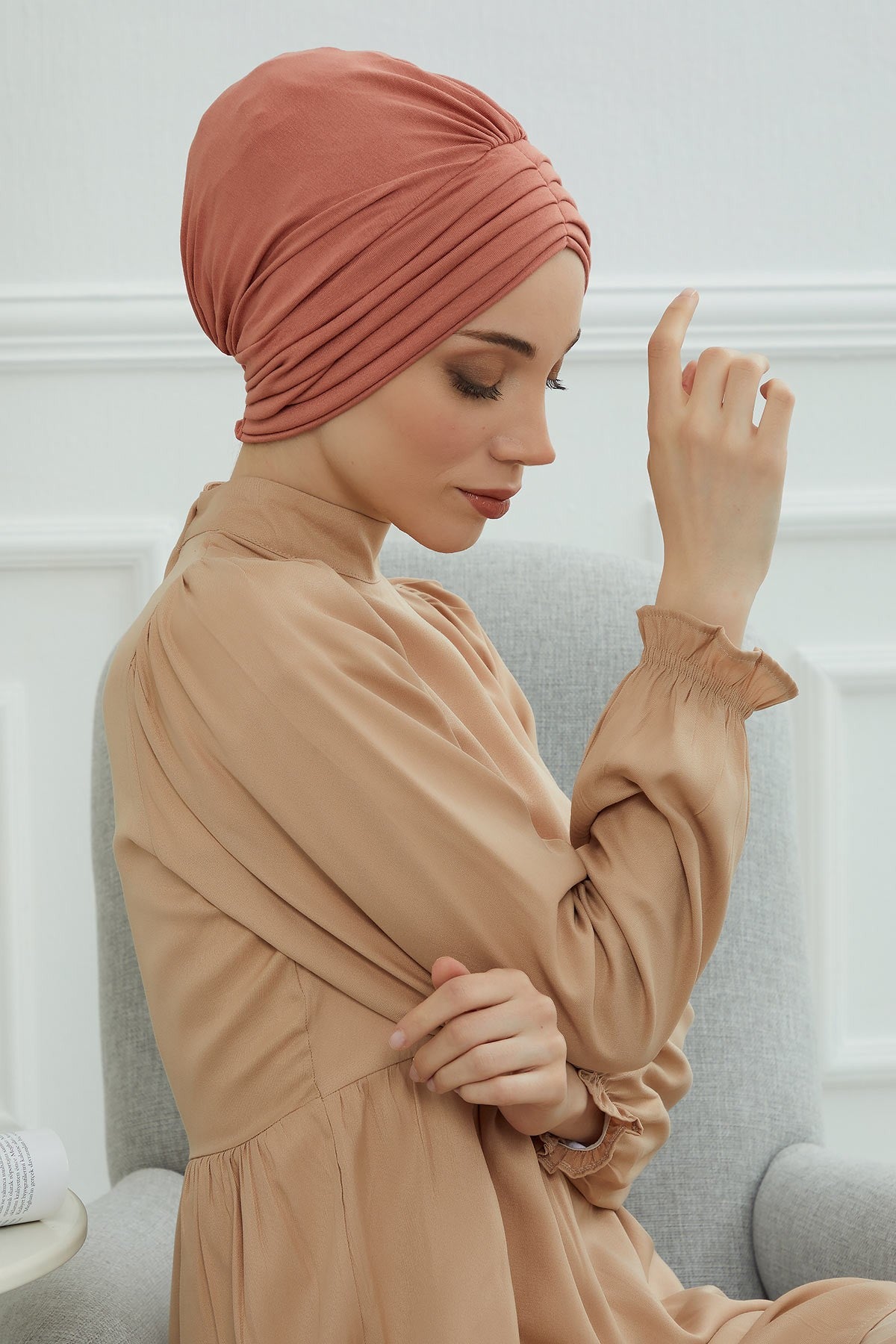 Shirred Elegance Head Turban For Women Fashion Instant Turban Shirred Head Scarf, Plain & Comfortable Stylish Bonnet Cap for Women,B-13 Salmon