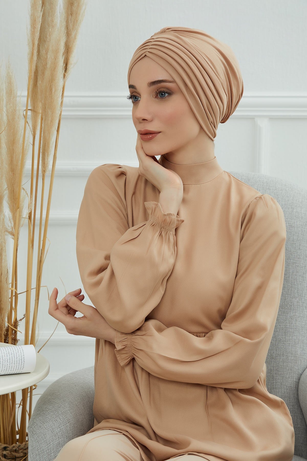 Shirred Elegance Head Turban For Women Fashion Instant Turban Shirred Head Scarf, Plain & Comfortable Stylish Bonnet Cap for Women,B-13 Sand Brown